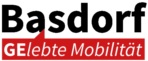 Logo von Basdorf mit dem Schriftzug 'GElebte Mobilität' in rot und schwarz.